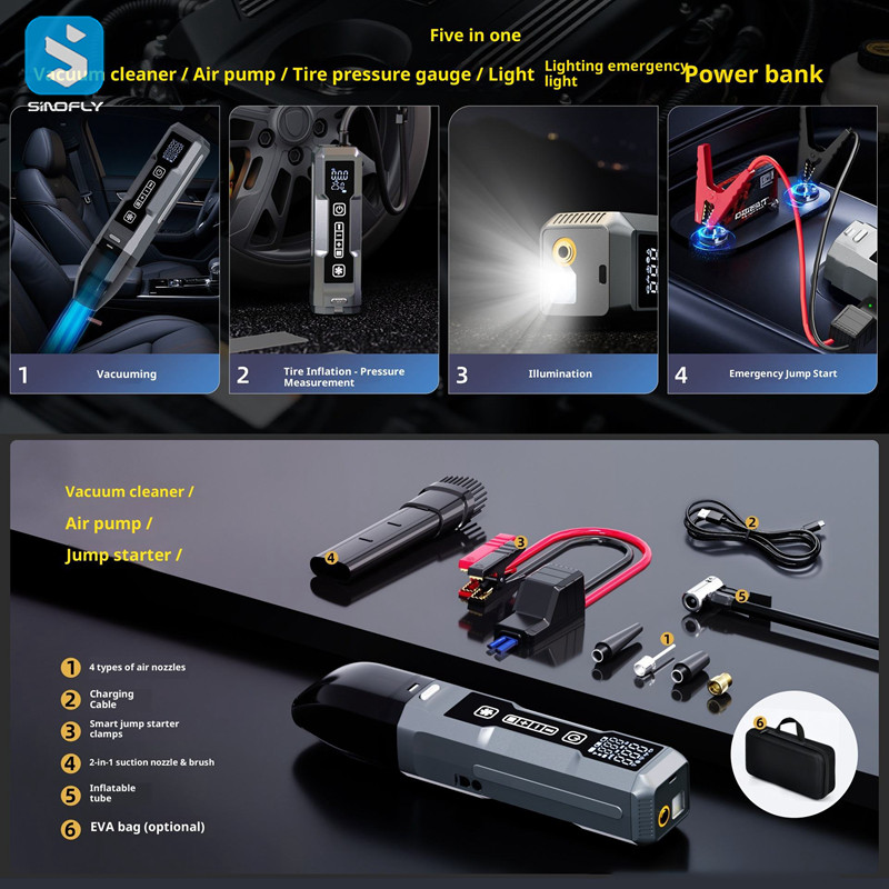 5 in 1 Multifunctional Car Vacuum Cleaner Tire Inflator Jump Starter Portable Emergency Tool with LED Work Light - Image 8
