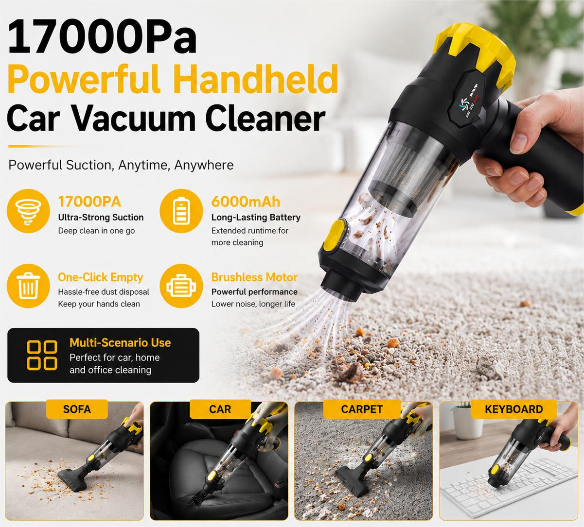 High Power 17000Pa Aspirator for Car Clean Cordless Handheld Vacuum Cleaner