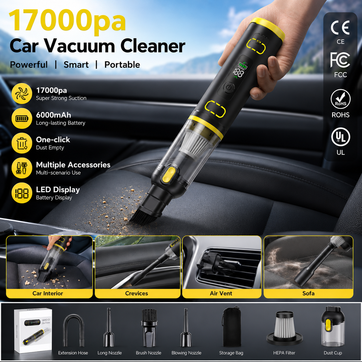 120W High Power Portable Handheld Multifunctional 17000pa Car Vacuum Cleaner - Image 7